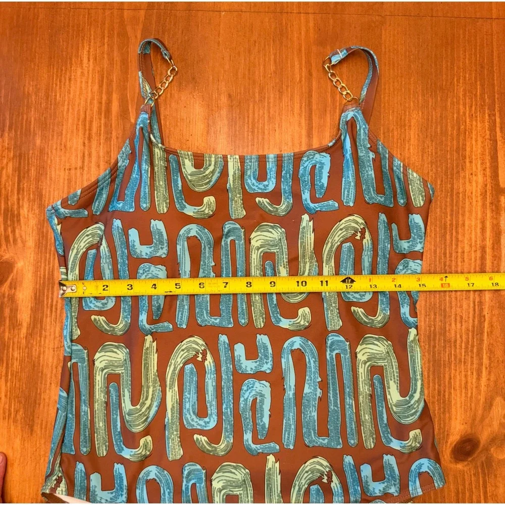 Abstract Print One Piece Swimsuit Brown Teal Gold Chain Straps XL Fits Large